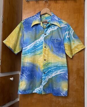 VTG 60s Napili Abstract Op Art Wave Print Hawaiian Camp Shirt Loop Collar Sz M